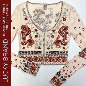 Lucky Brand Natural Color Cropped Cardi Tee With Indian Motifs Size M